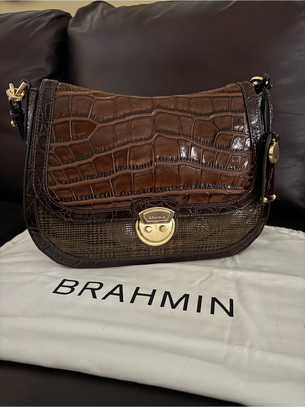 Brahmin Two-Tone Brown Croc & Lizard-Texture Shoulder Bag